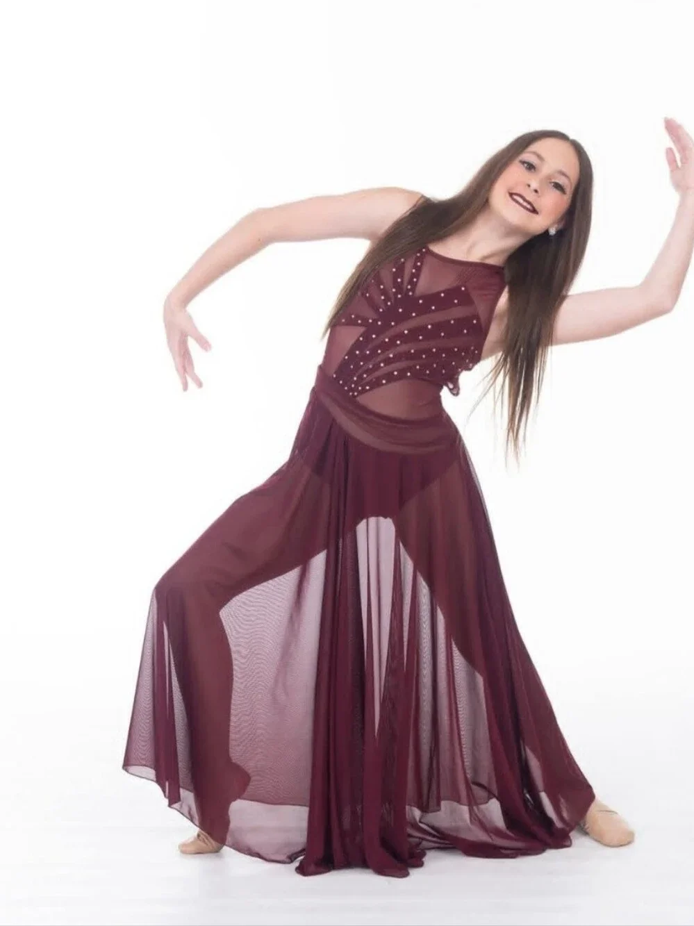 Burgundy Dance Costume with Sheer Skirt